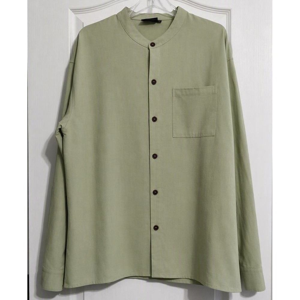 Herberton Mens Large Green Mandarin Collar Shirt Long Sleeve Casual Button Down